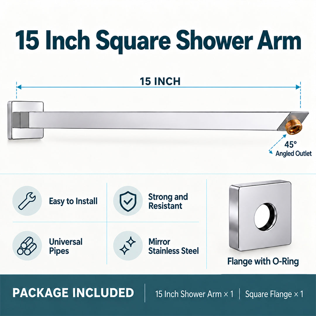 Shower Arm for Overhead Shower 304 Stainless Steel 15 Inch Shower Pipe 45 Degree