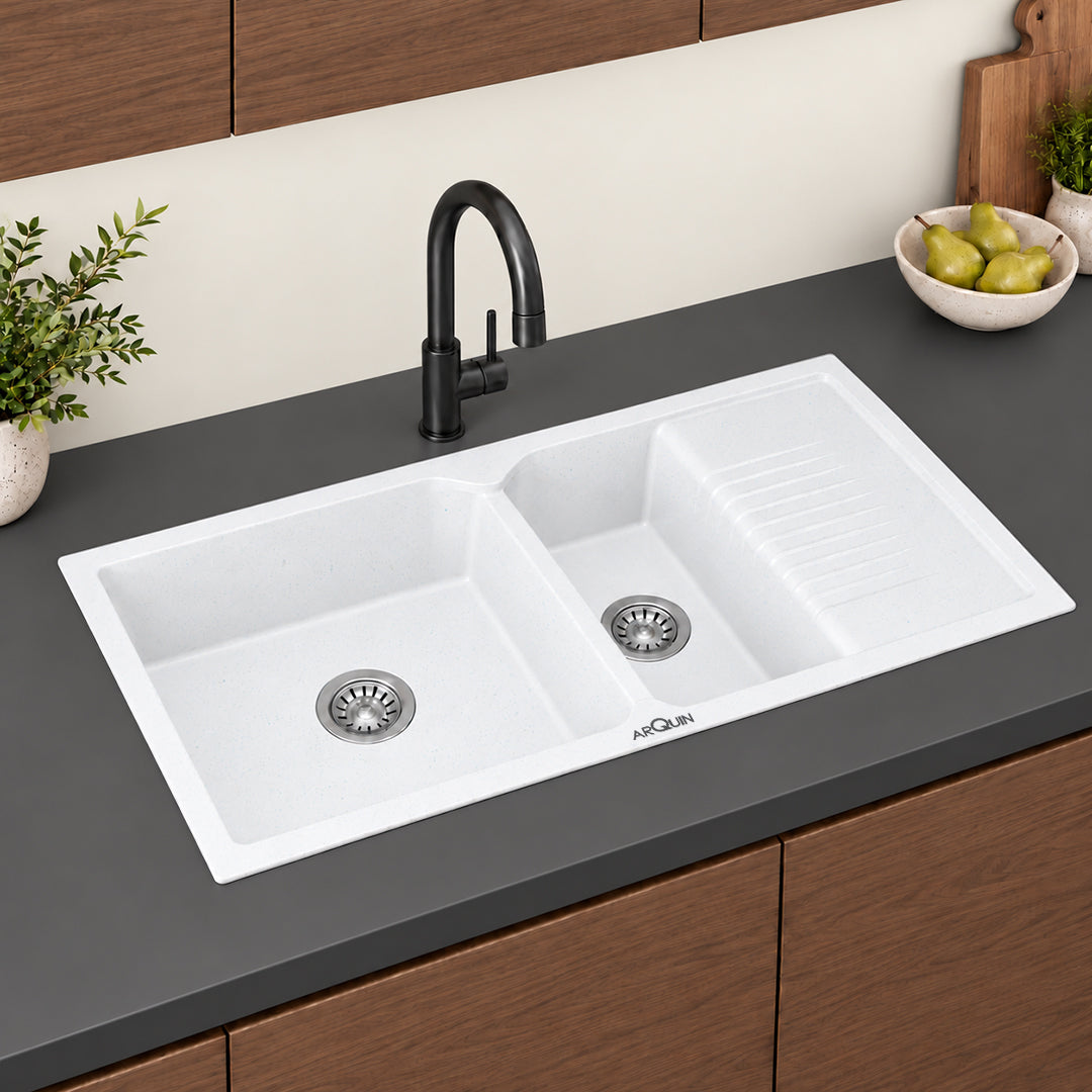 45x20x9 Inch Sand Pluto Quartz Sink Double Bowl with Drain Board Kitchen Sink