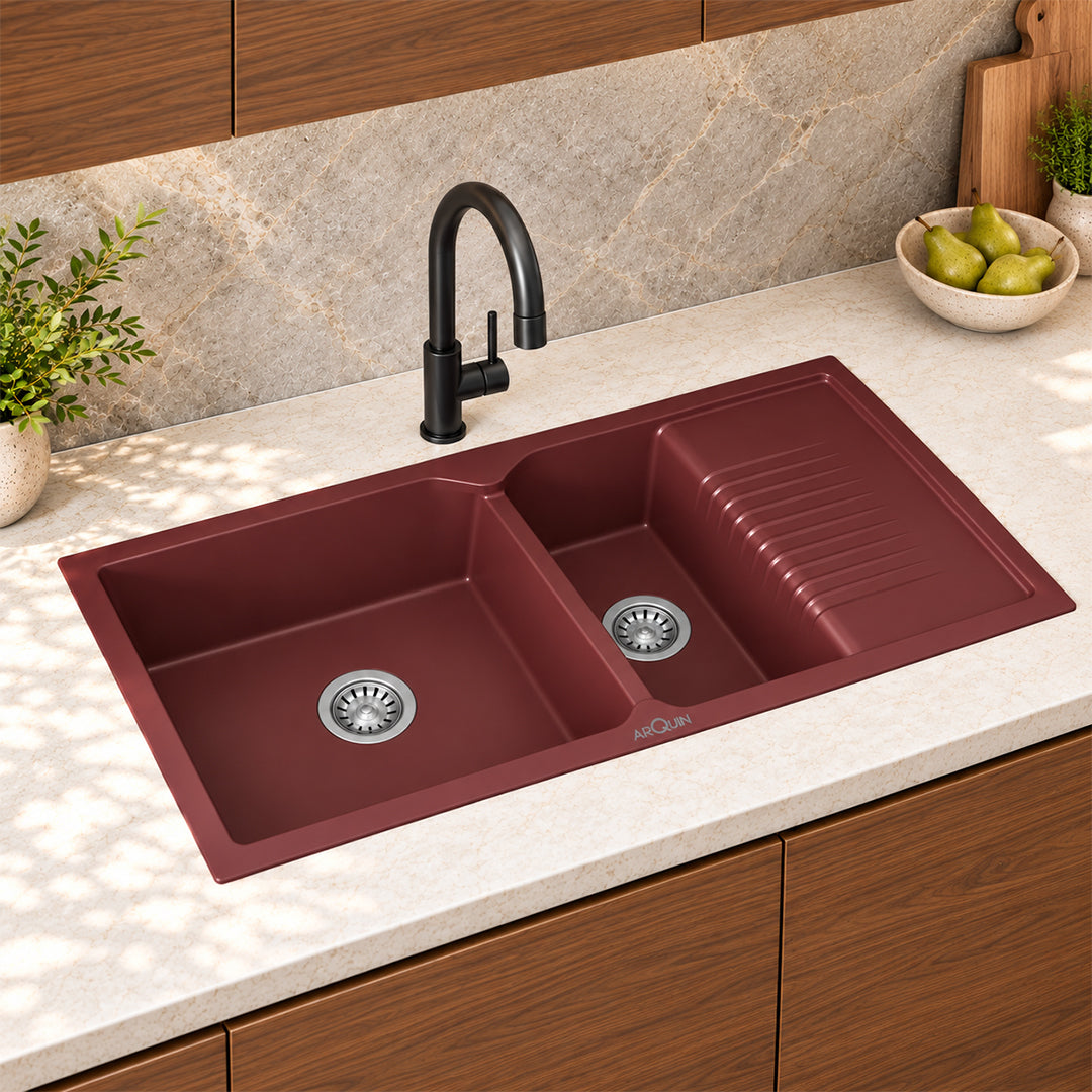 45x20x10 Inch Brown Quartz Double Bowl with Drain Board Kitchen Sink