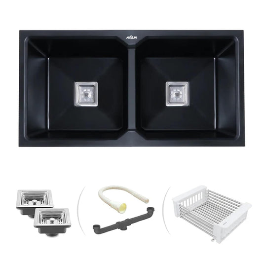 Quartz Double Bowl Kitchen Sink (45 x20 x 10 Inches) ( Black)