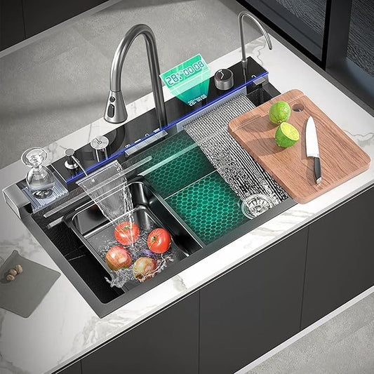 Piano Waterfall Kitchen Sink (30 x 18 x 9 Inches) | Heavy Grade Stainless Steel Sink