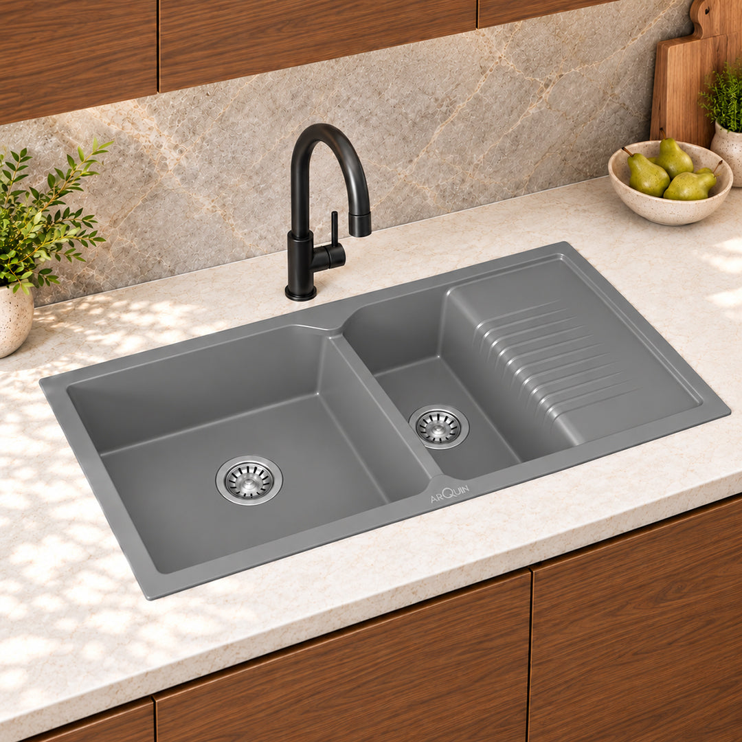 45x20x9 Inch Grey Quartz Double Bowl with Drain Board Kitchen Sink