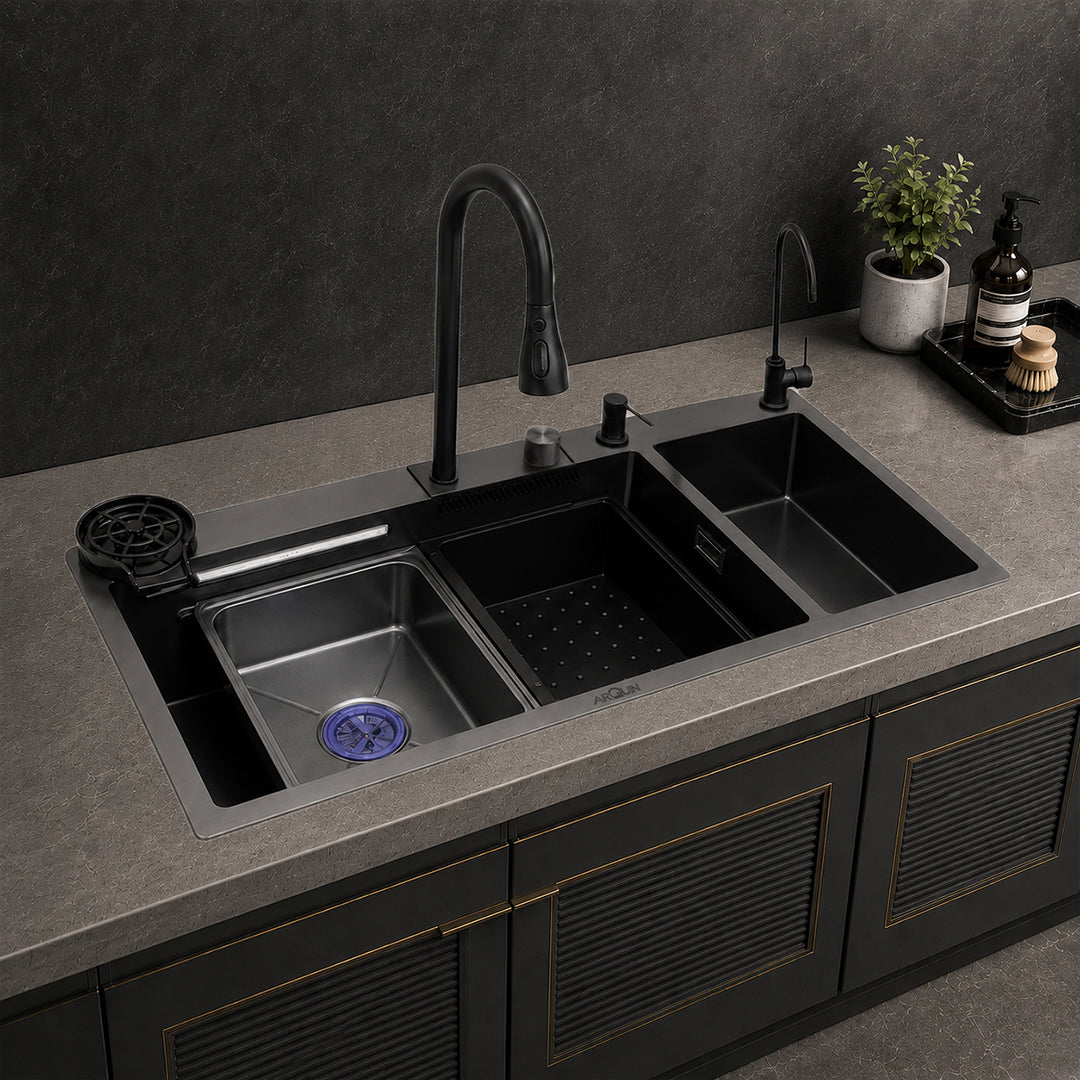 Waterfall Smart Kitchen Sink Double Bowl (37x18x9 Inch)