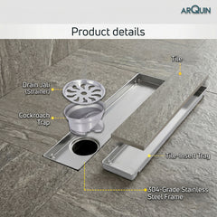 Sliver-Matt Tile Insert Shower Water Drain Channel 304 SS Grade with Cockroach Trap (24X4 Inches)