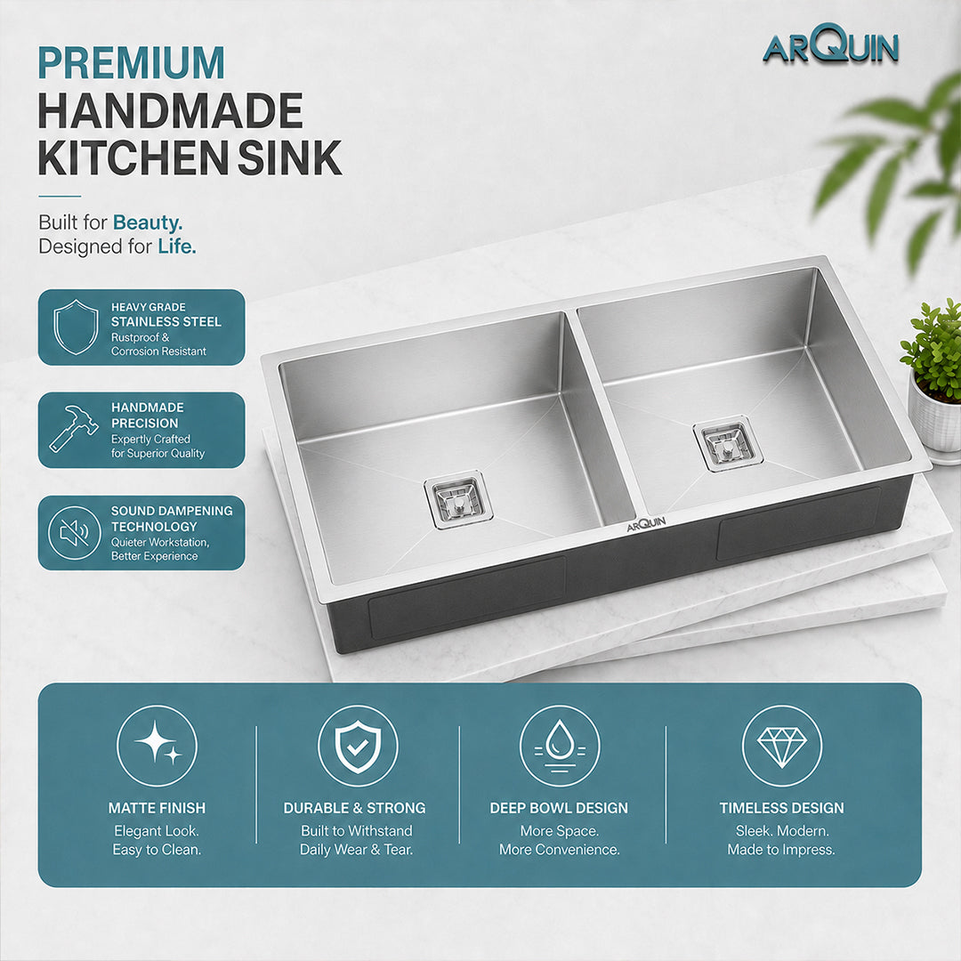 37x18x10 inch Heavy Grade Handmade Double Bowl Kitchen Sink