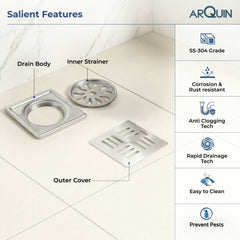 Square Floor Drainer 304 SS Grade Without Cockroach Trap (6x6 Inch)