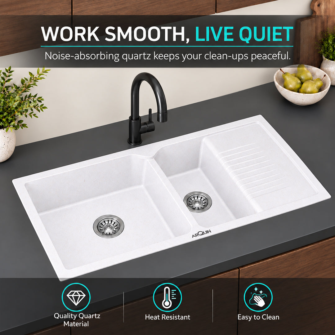 45x20x10 Inch Rosa Quartz Double Bowl with Drain Board Kitchen Sink