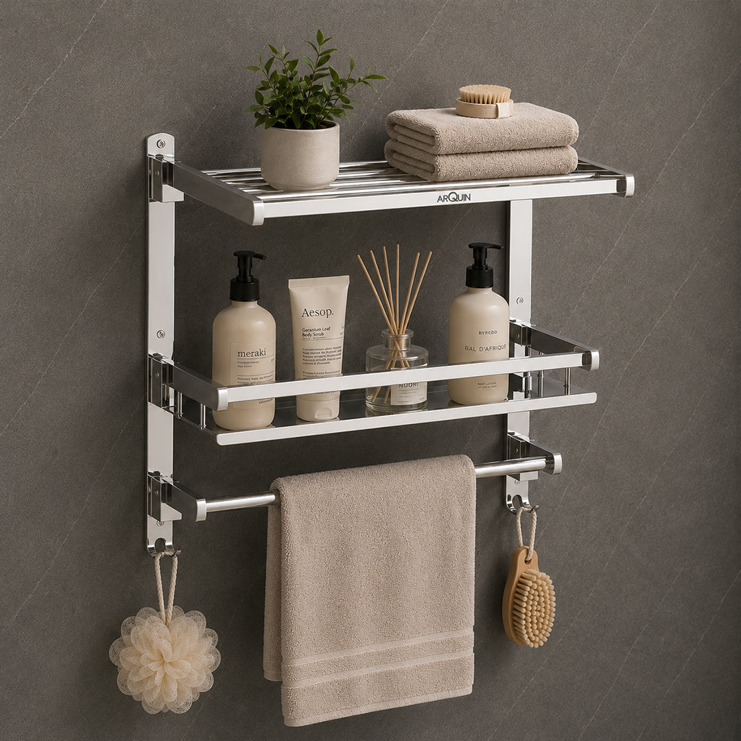 3 Layer Bathroom Folding Shelf Stainless Steel Chrome Finish - 16 Inch (B13)