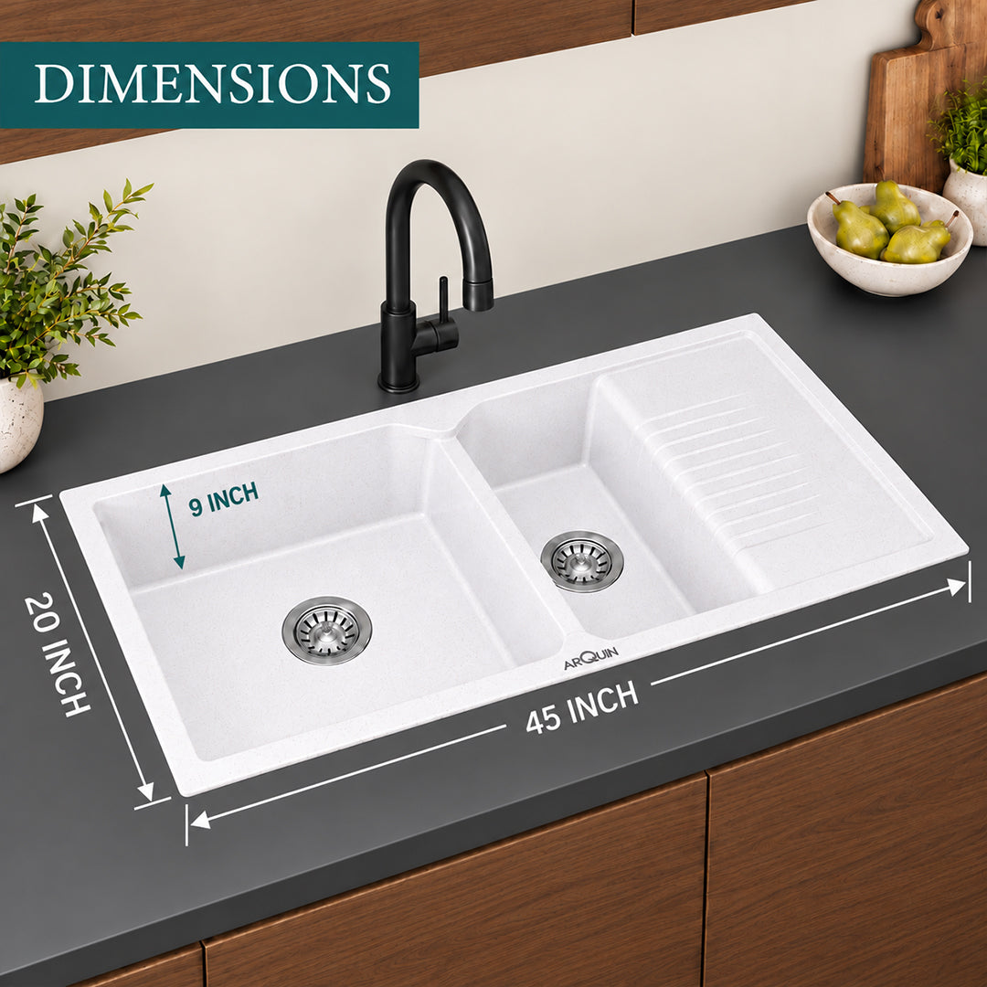 45x20x10 Inch Rosa Quartz Double Bowl with Drain Board Kitchen Sink