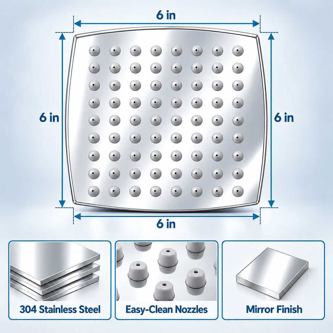 Rain Shower Head without Arm 304 Stainless Steel Overhead Shower 6x6 Inch (CURVE)