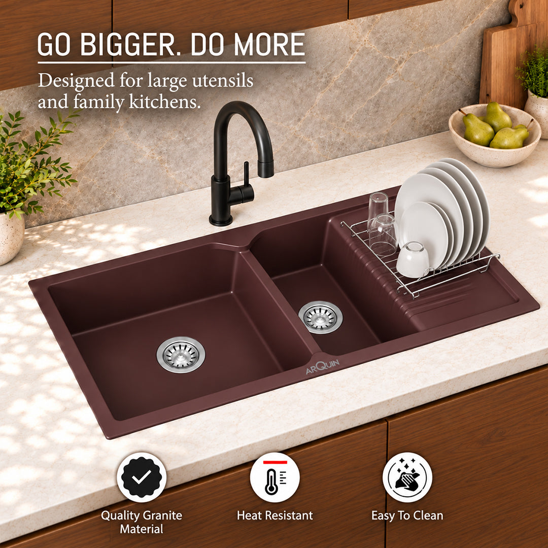 45x20x10 Inch Brown Quartz Double Bowl with Drain Board Kitchen Sink