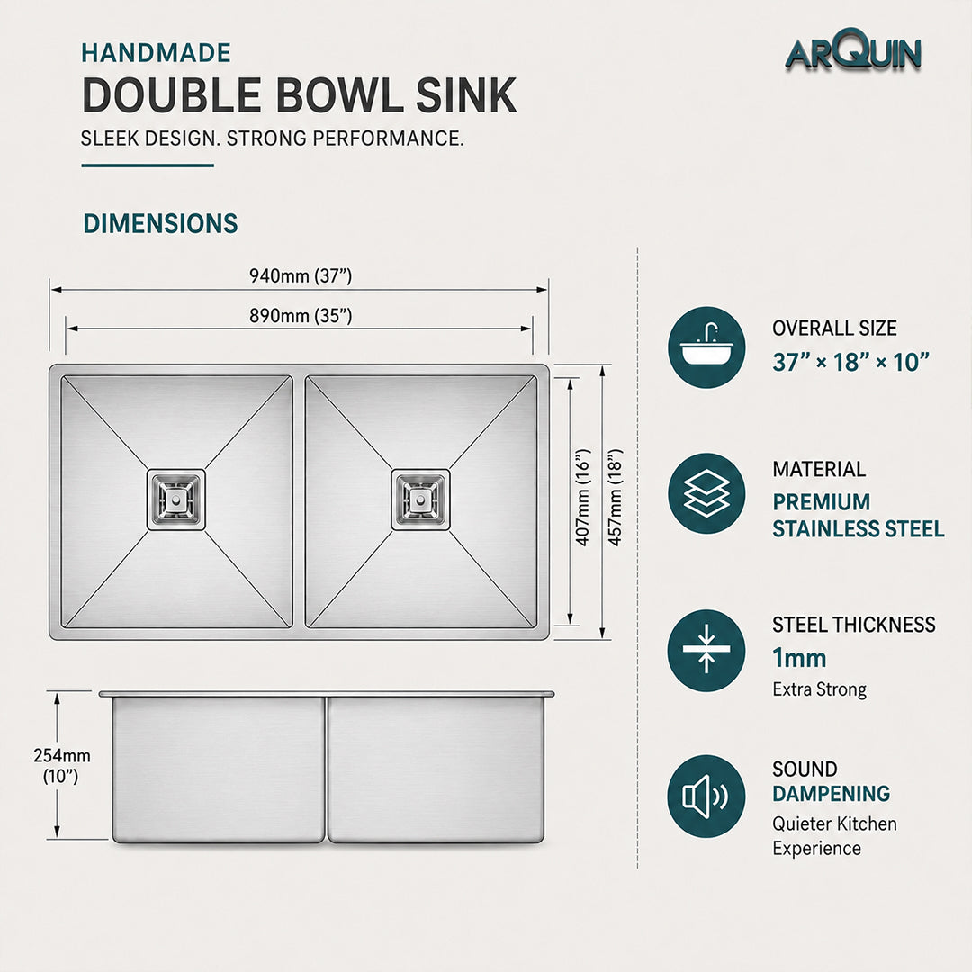 37x18x10 inch Heavy Grade Handmade Double Bowl Kitchen Sink