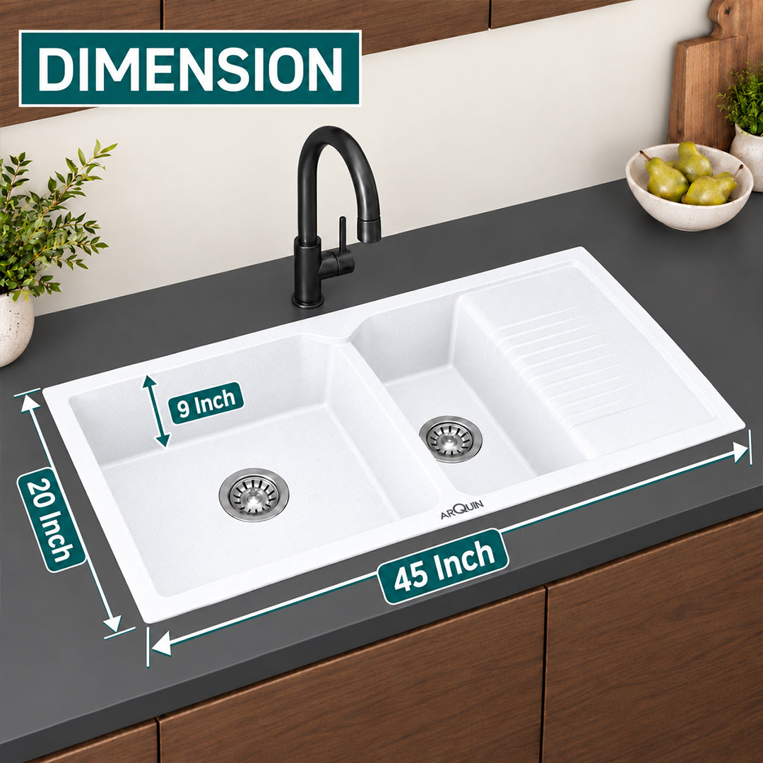 45x20x10 Inch White Quartz Double Bowl with Drain Board Kitchen Sink