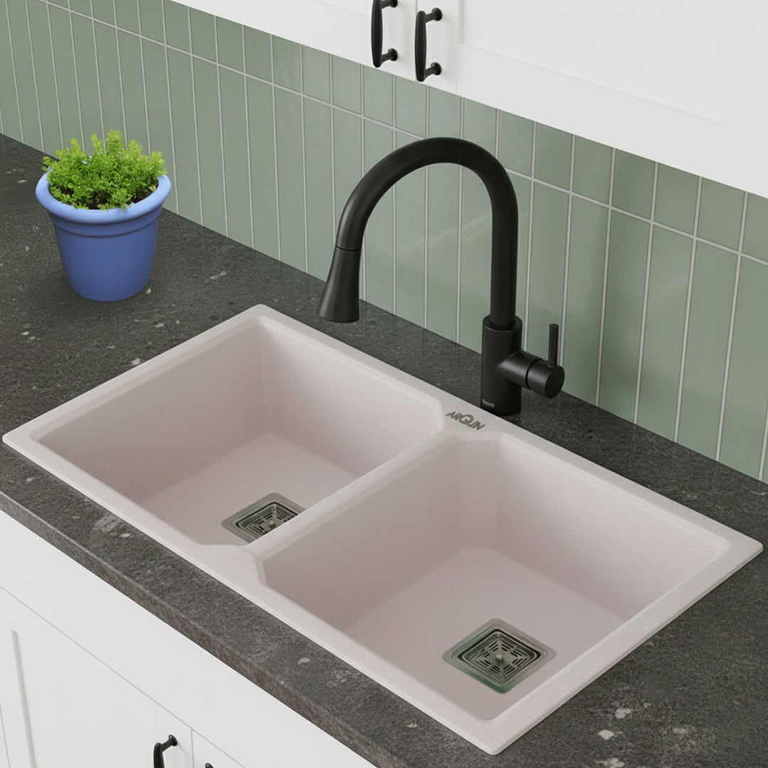45x20x10 Inch Rosa Quartz Double Bowl Kitchen Sink
