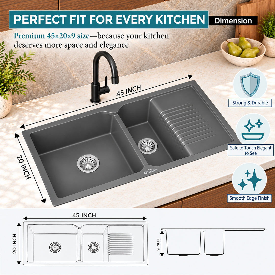 45x20x9 Inch Grey Quartz Double Bowl with Drain Board Kitchen Sink