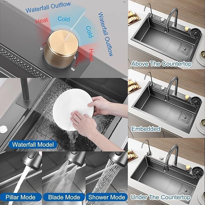 Waterfall Smart Kitchen Sink (30 x 18 x 9 Inch)
