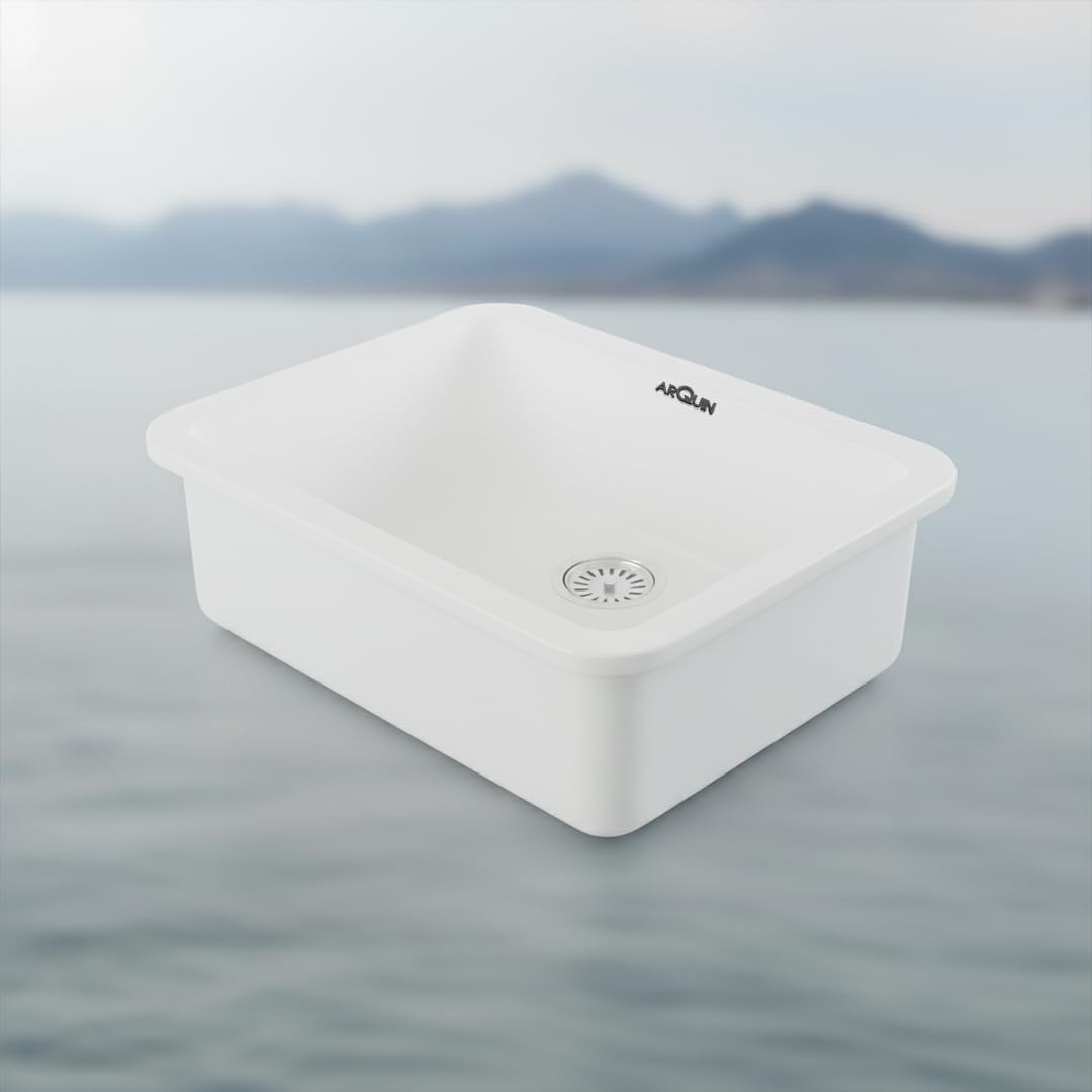24x18x9 Inch White Quartz Single Bowl Round Kitchen Sink