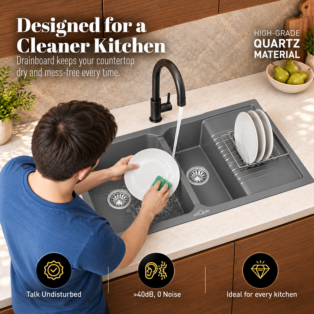 45x20x9 Inch Grey Quartz Double Bowl with Drain Board Kitchen Sink
