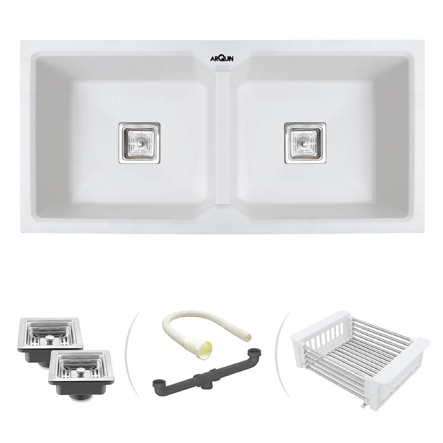 37x18x9 Inch White Quartz Double Bowl Kitchen Sink