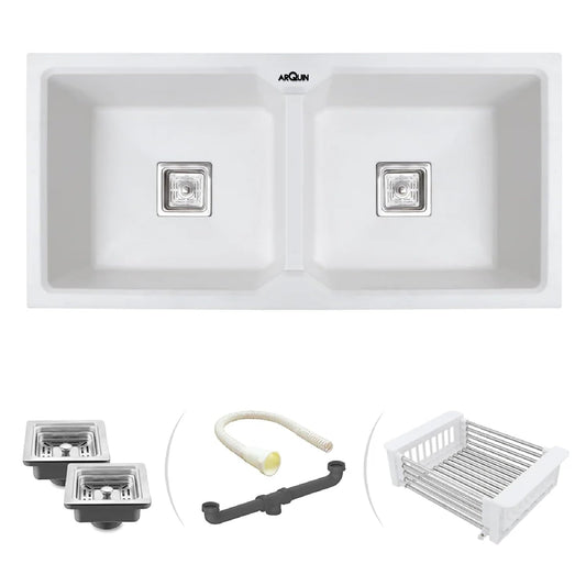 Quartz Double Bowl Kitchen Sink (45x20x 10Inches) ( White)