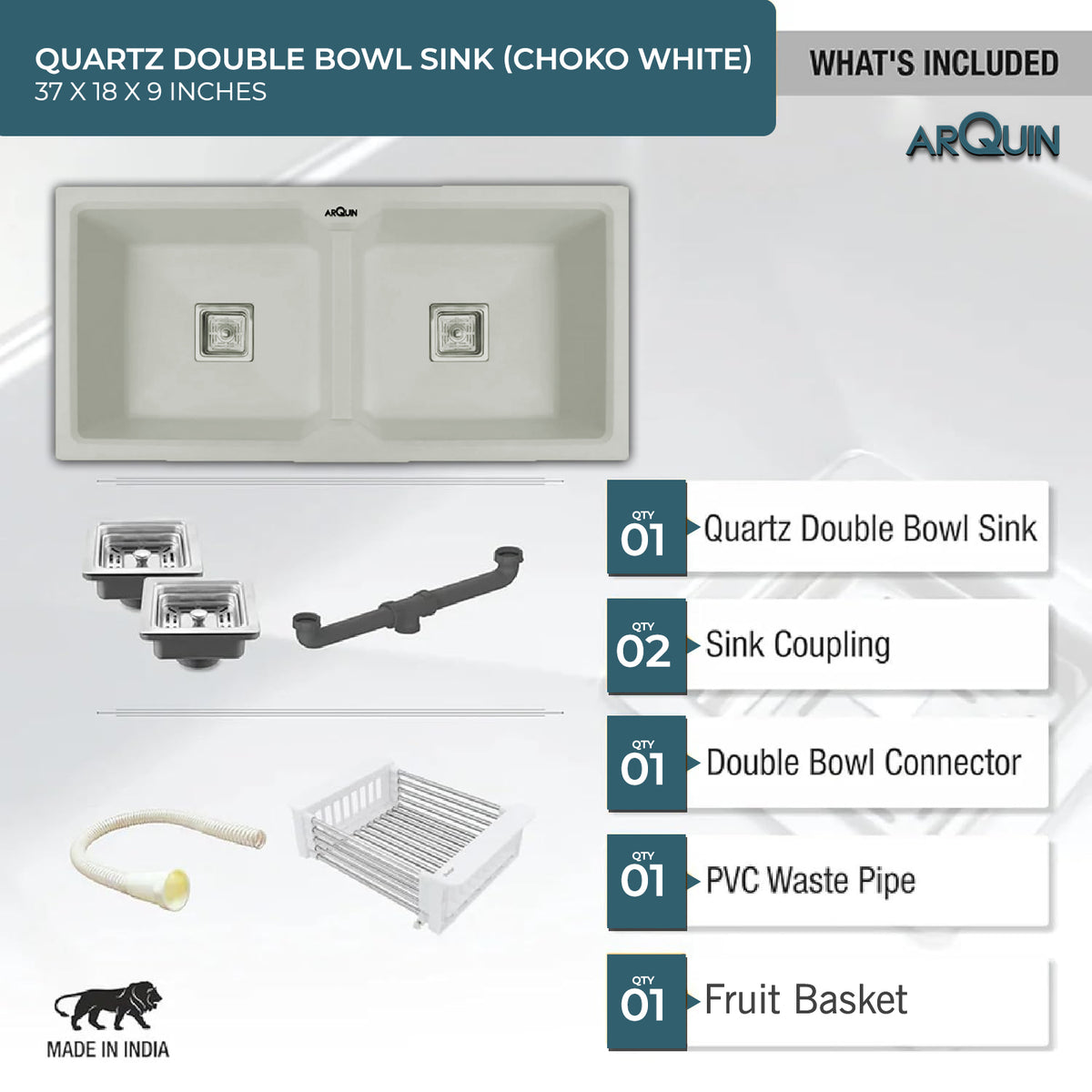 37x18x9 Inch Choco White Quartz Double Bowl Kitchen Sink