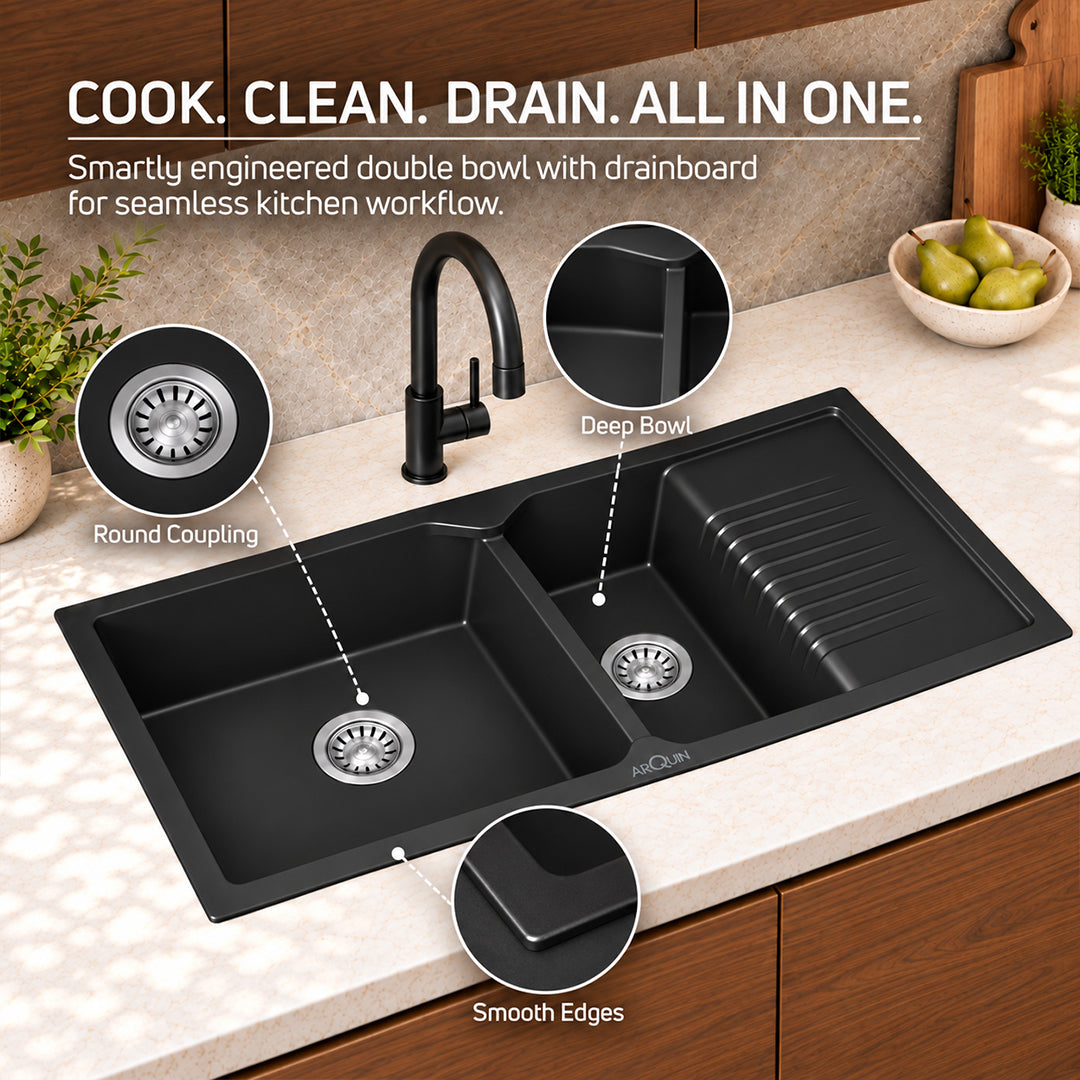 45x20x10 Inch Black Quartz Double Bowl with Drain Board Kitchen Sink