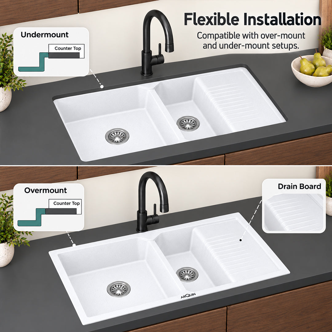 45x20x10 Inch White Quartz Double Bowl with Drain Board Kitchen Sink
