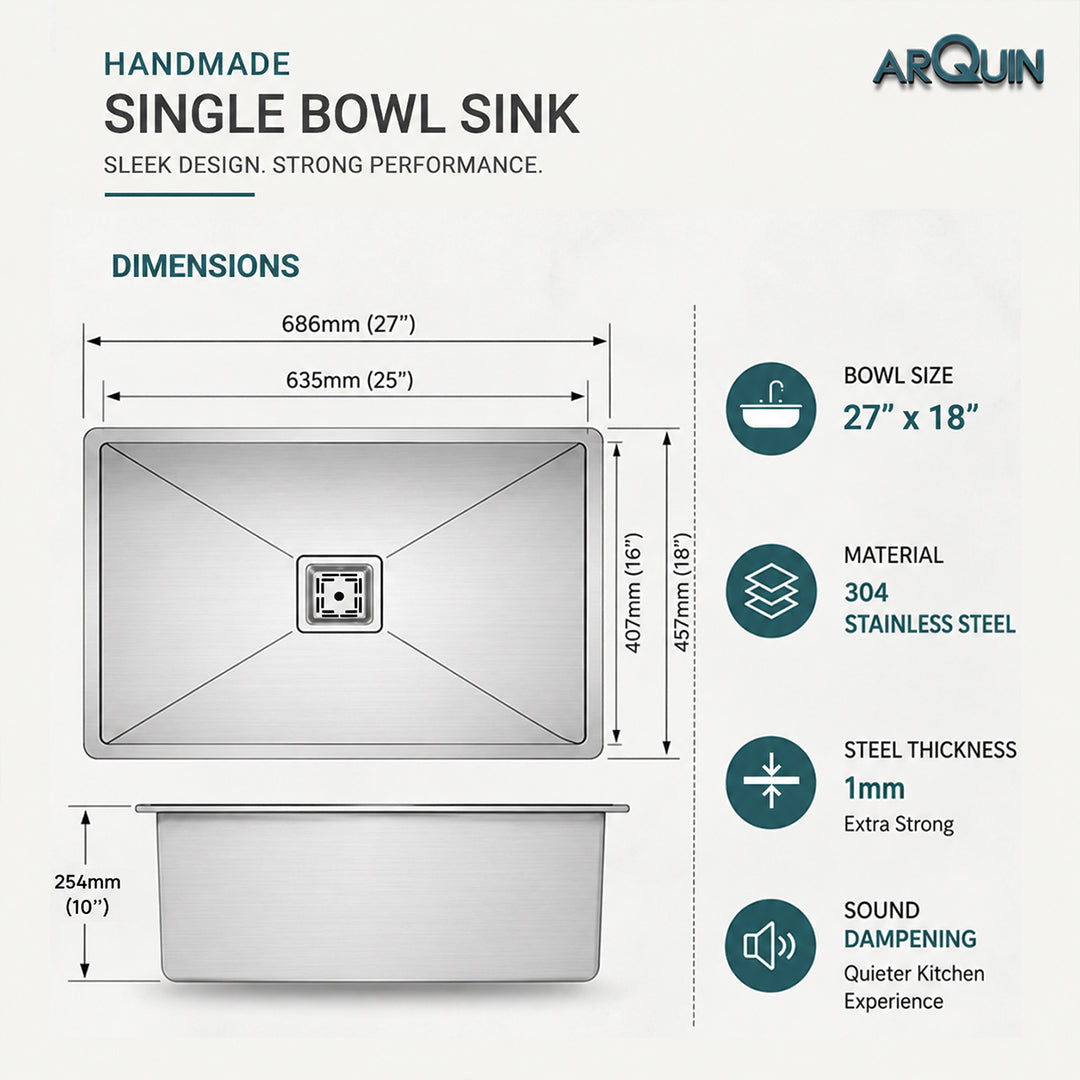 27x18x10 Inch 304 Grade Handmade Single Bowl Kitchen Sink Stainless Steel