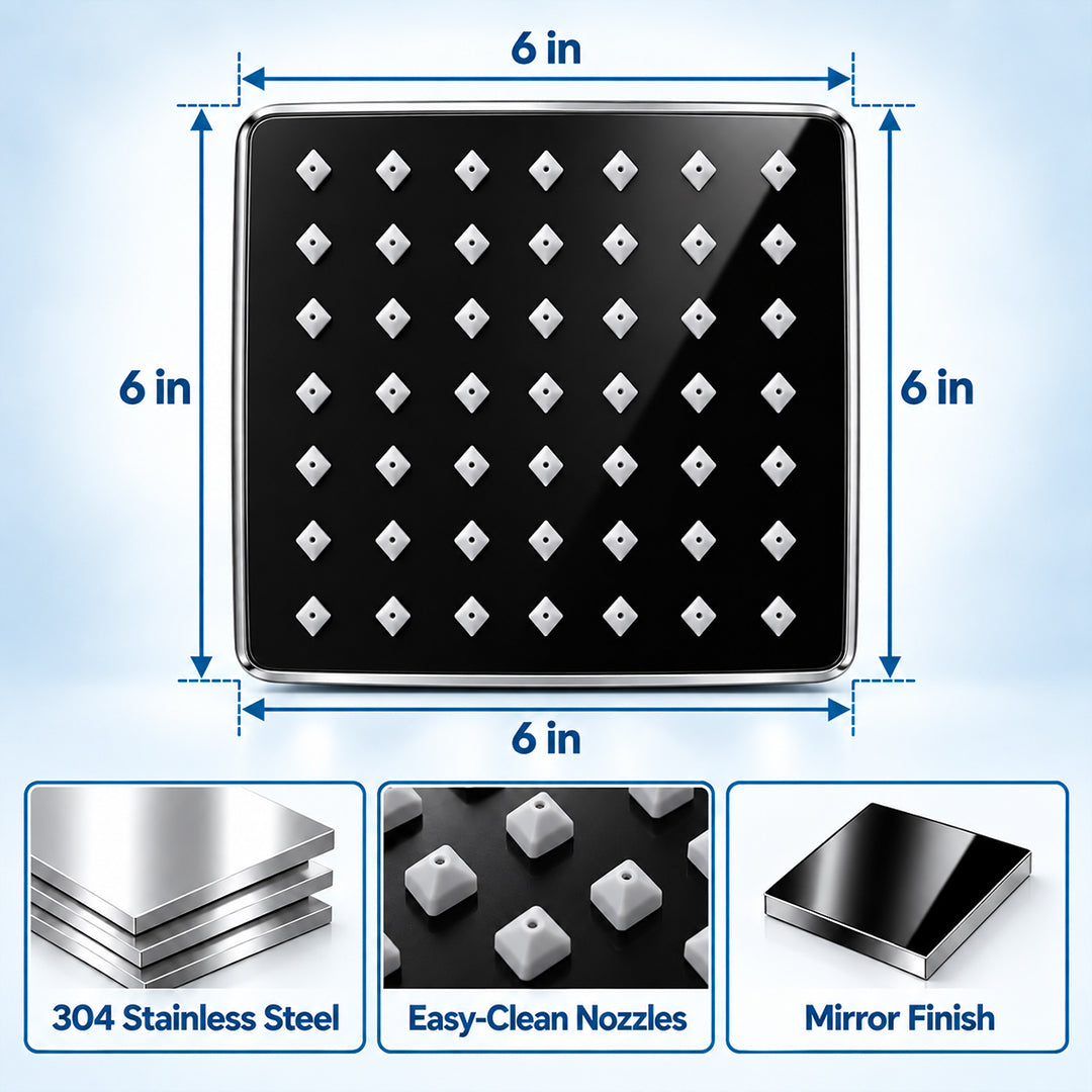 Rain Shower Head without Arm 304 Stainless Steel Overhead Shower 6x6 Inch (ELEGANCE BLACK)