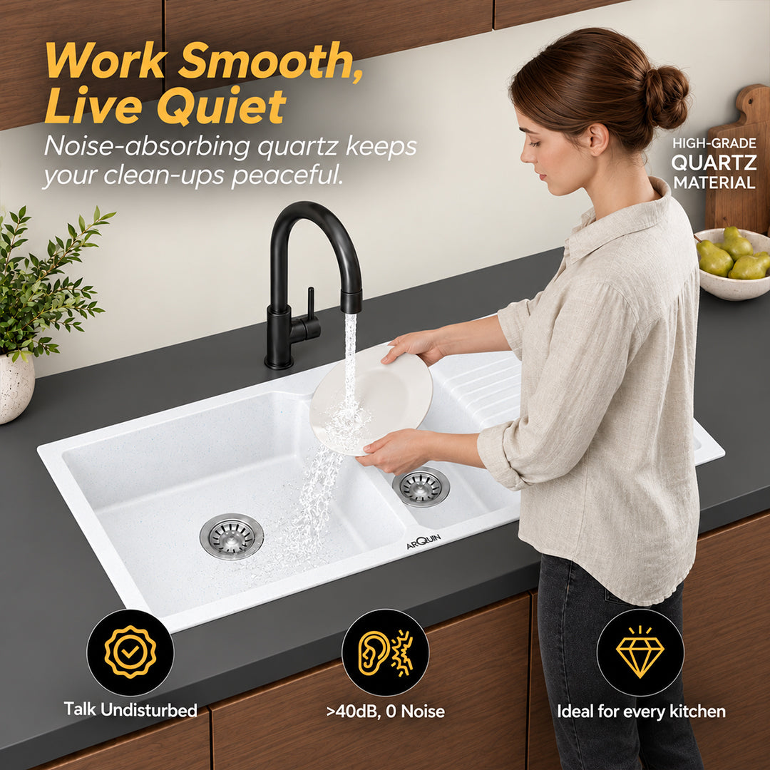 45x20x9 Inch Sand Pluto Quartz Sink Double Bowl with Drain Board Kitchen Sink