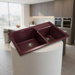 Quartz Kitchen Sink Double Bowl 31X18X9 Inch | Brown