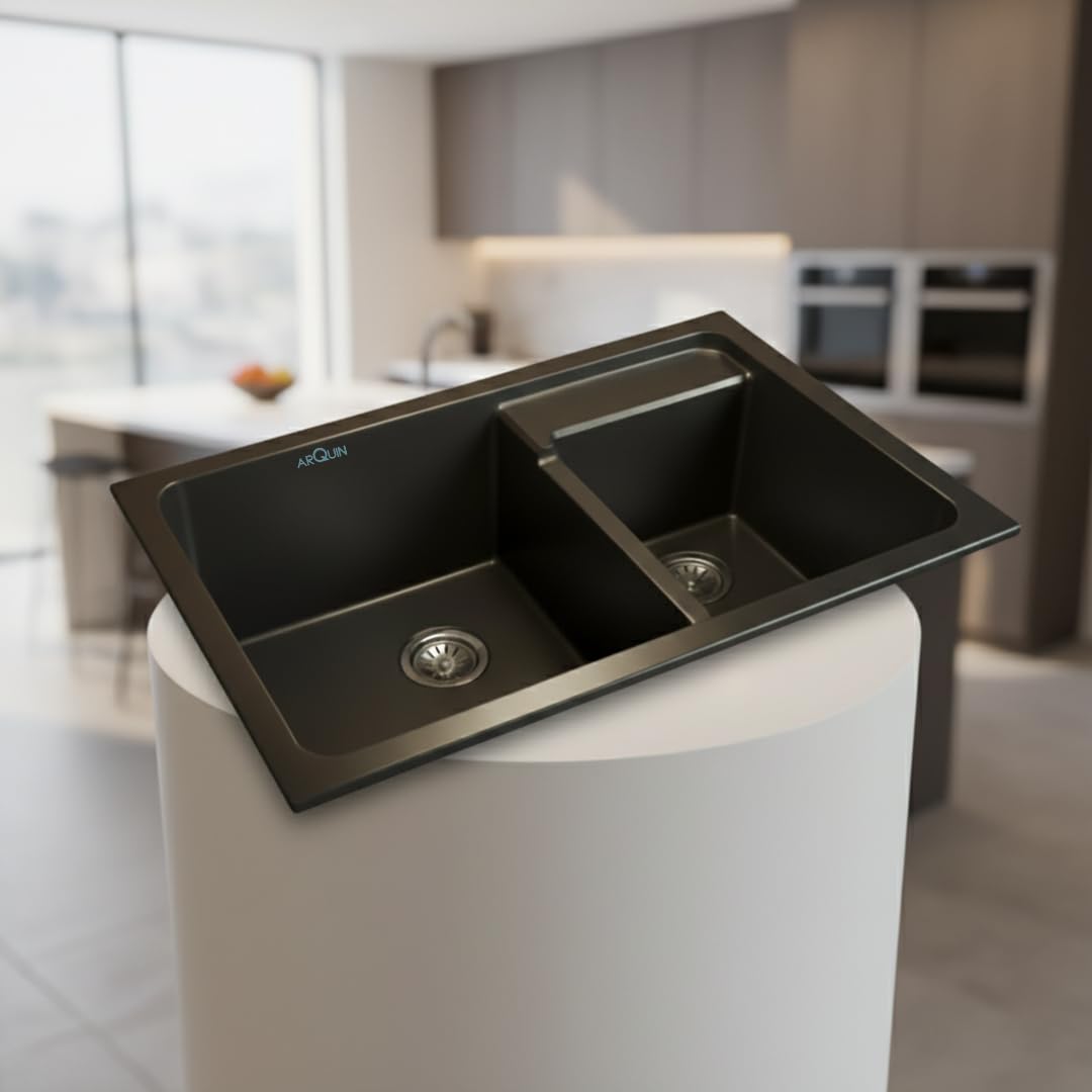 31X18X9 Inch Black Quartz Double Bowl Kitchen Sink