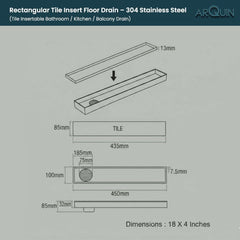 Tile Insert Shower Water Drain Channel 304 SS Grade with Cockroach Trap (18X4 Inch)