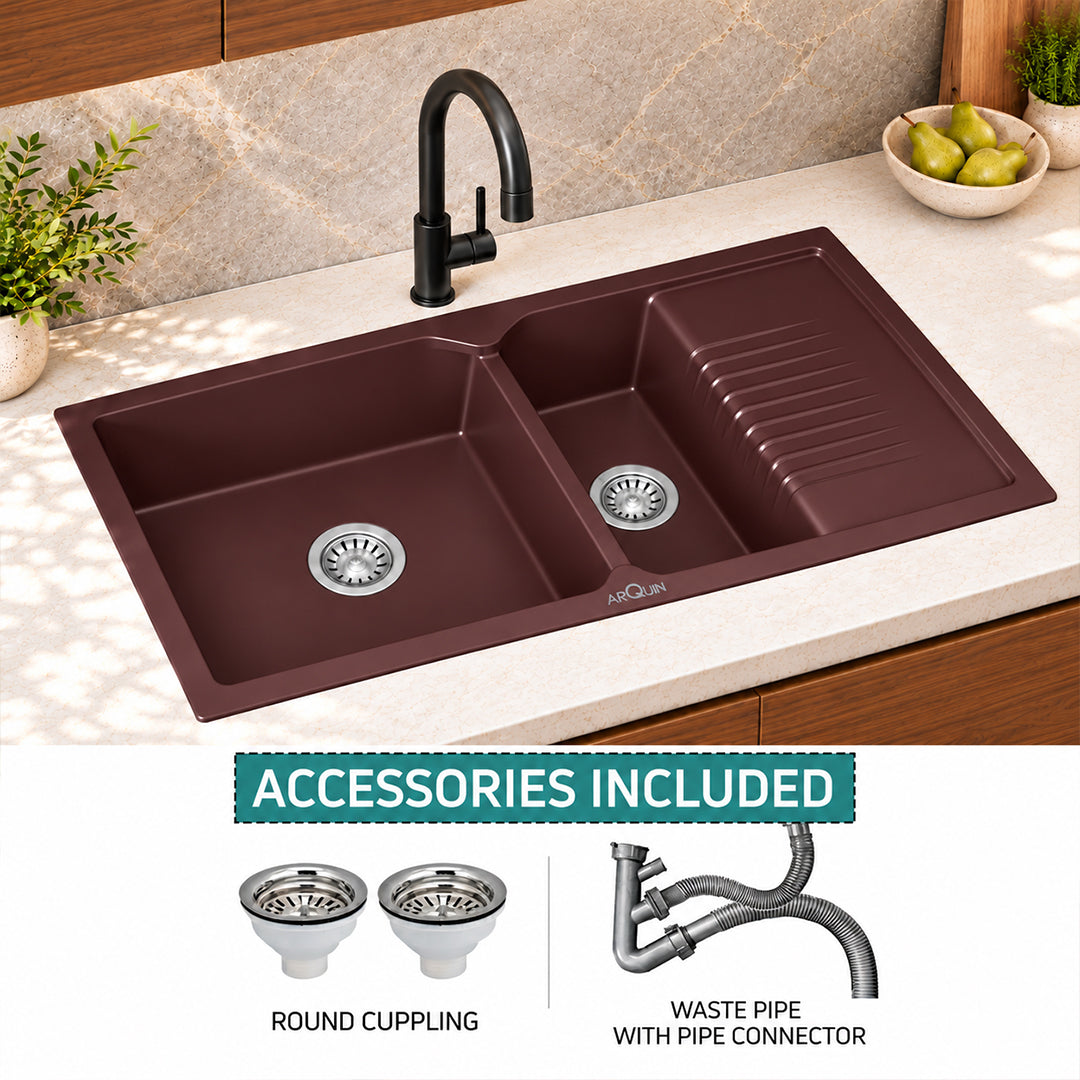 45x20x10 Inch Brown Quartz Double Bowl with Drain Board Kitchen Sink