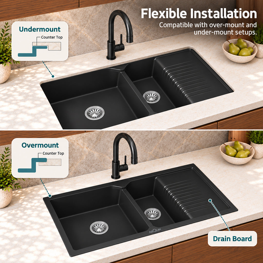 45x20x10 Inch Black Quartz Double Bowl with Drain Board Kitchen Sink