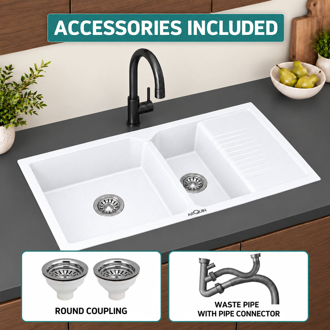 45x20x10 Inch White Quartz Double Bowl with Drain Board Kitchen Sink