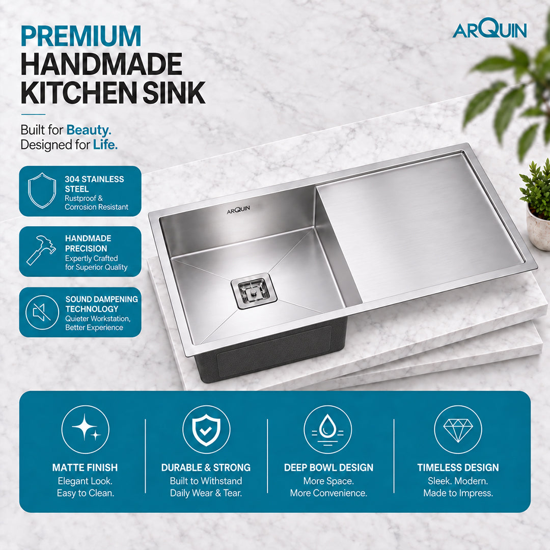 45x20x10 Inch 304 Grade Handmade Single Bowl With Drain Board Kitchen Sink Stainless Steel