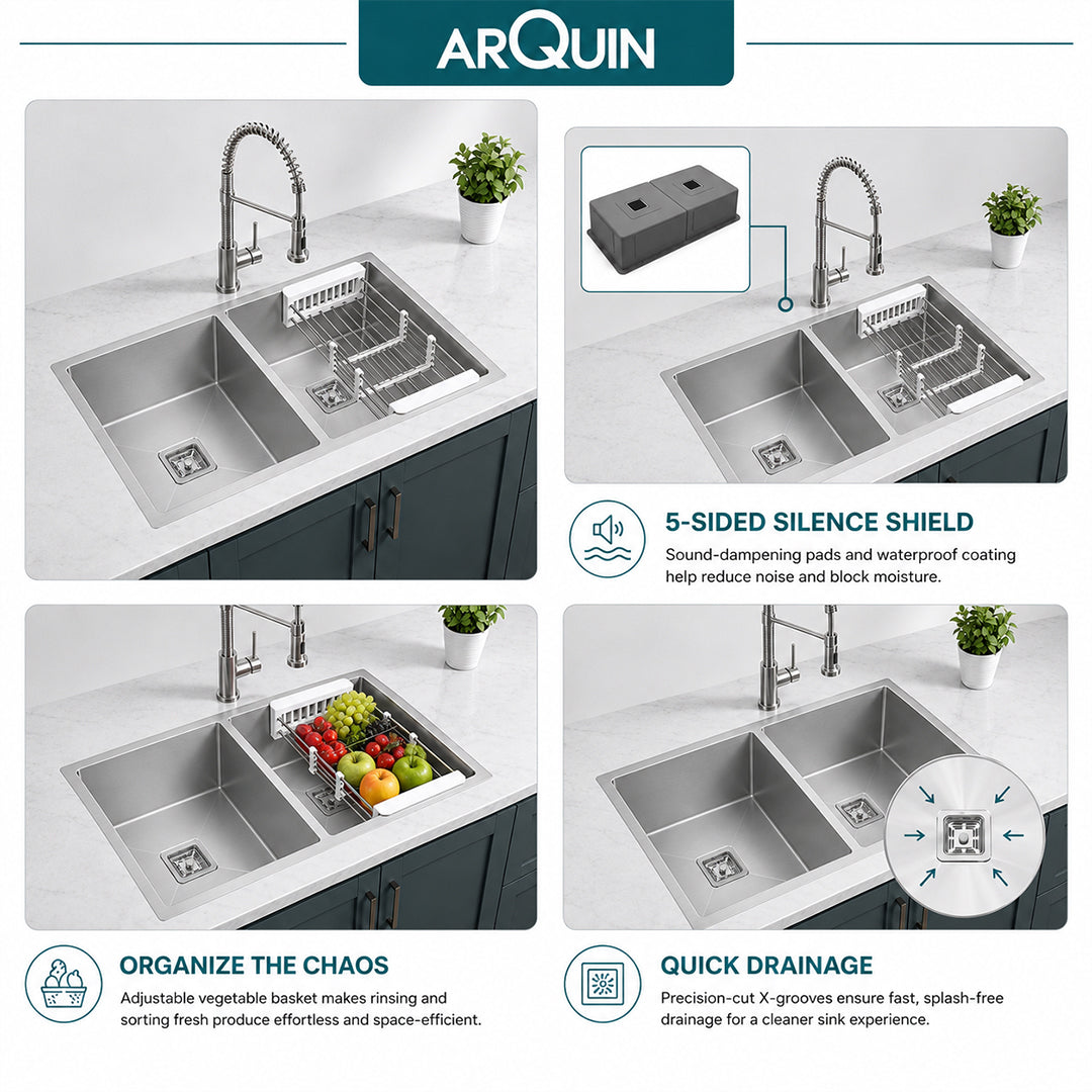 32x18x10 Inch 304 Grade Handmade Double Bowl Kitchen Sink Stainless Steel
