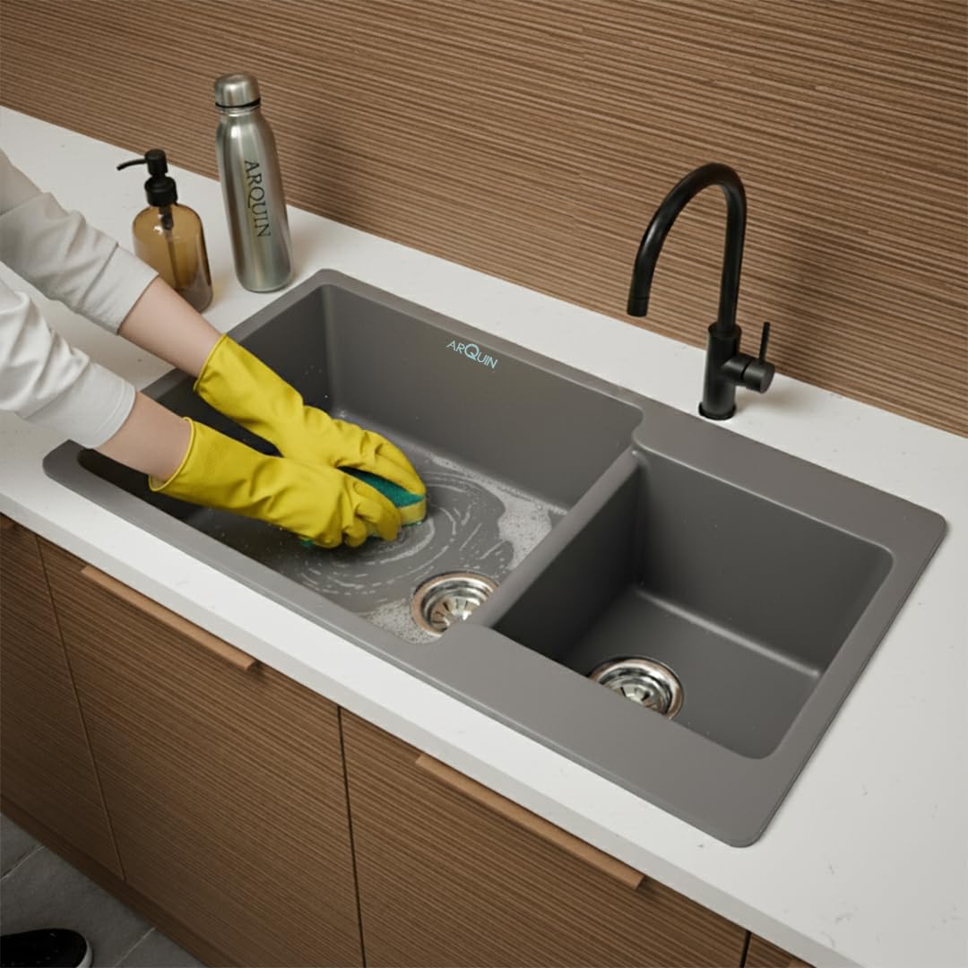 34X20X9 Inch Grey Quartz Double Bowl Kitchen Sink