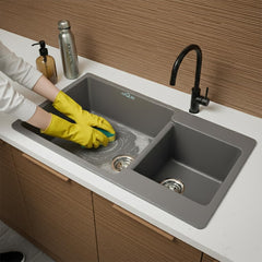 Quartz Kitchen Sink Double Bowl 34X20X9 Inch | Grey