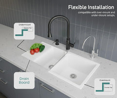Quartz Kitchen Sink Double Bowl with Drain Board 45x20x10 Inch | White