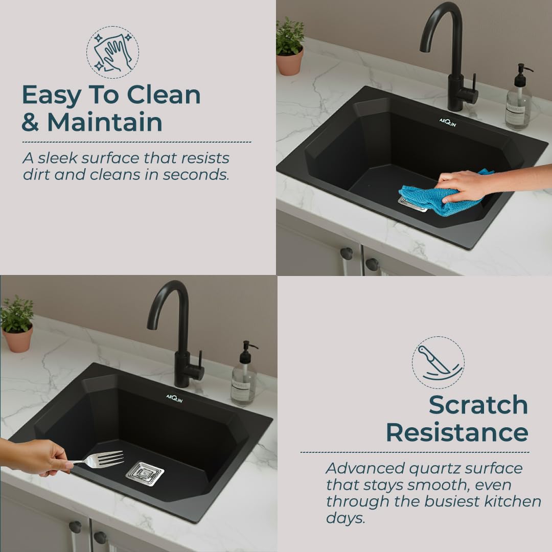 24x18x9 Inch Black Quartz Single Bowl Diamond Kitchen Sink