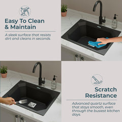 Quartz Single Bowl Diamond Kitchen Sink (24 x 18 x 9 Inches) Black