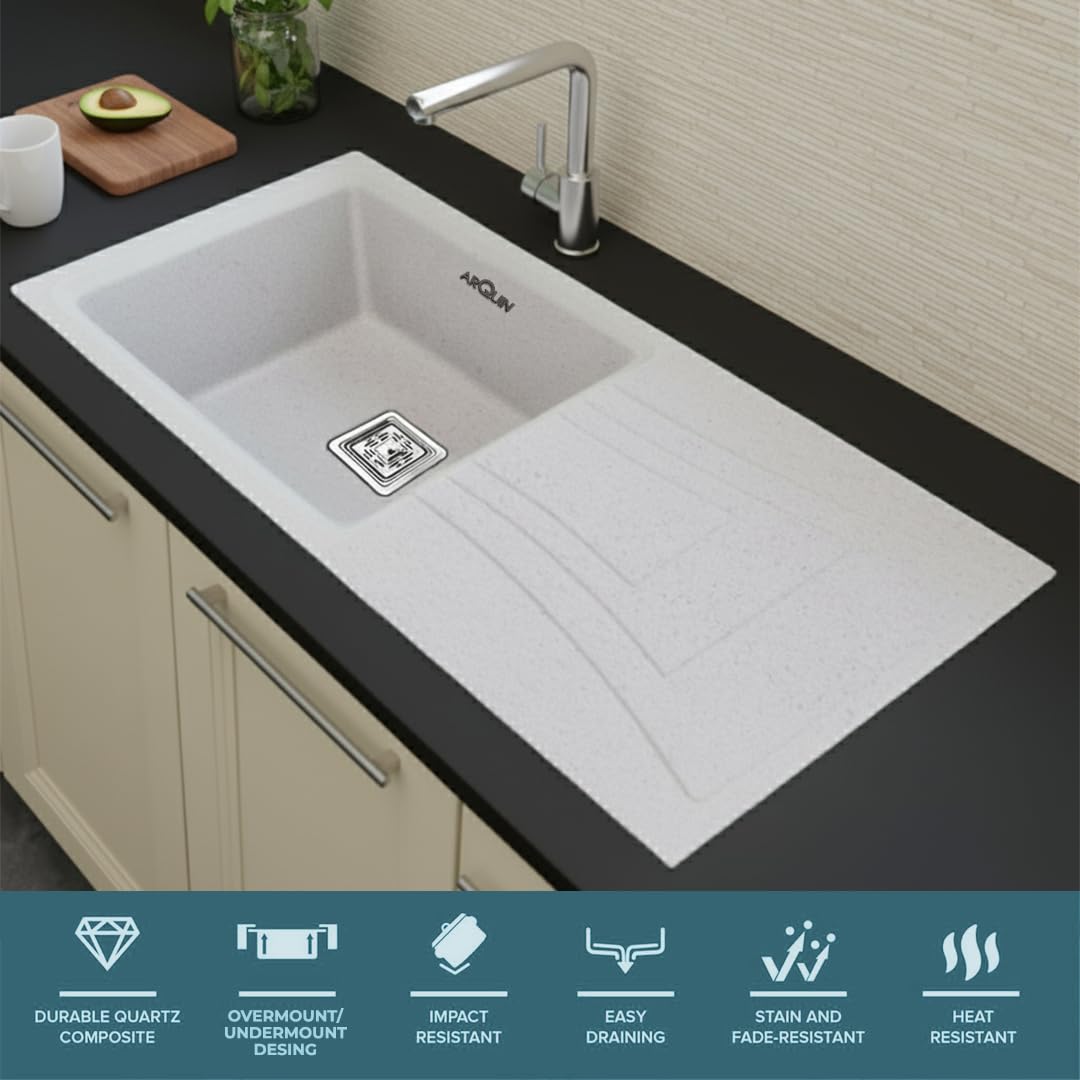 36x18x9 Inch Rosa Quartz Single Bowl With Drain Board Kitchen Sink