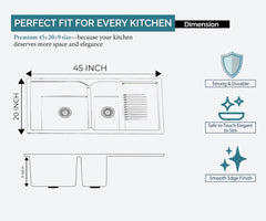 Quartz Kitchen Sink Double Bowl with Drain Board 45x20x10 Inch | White