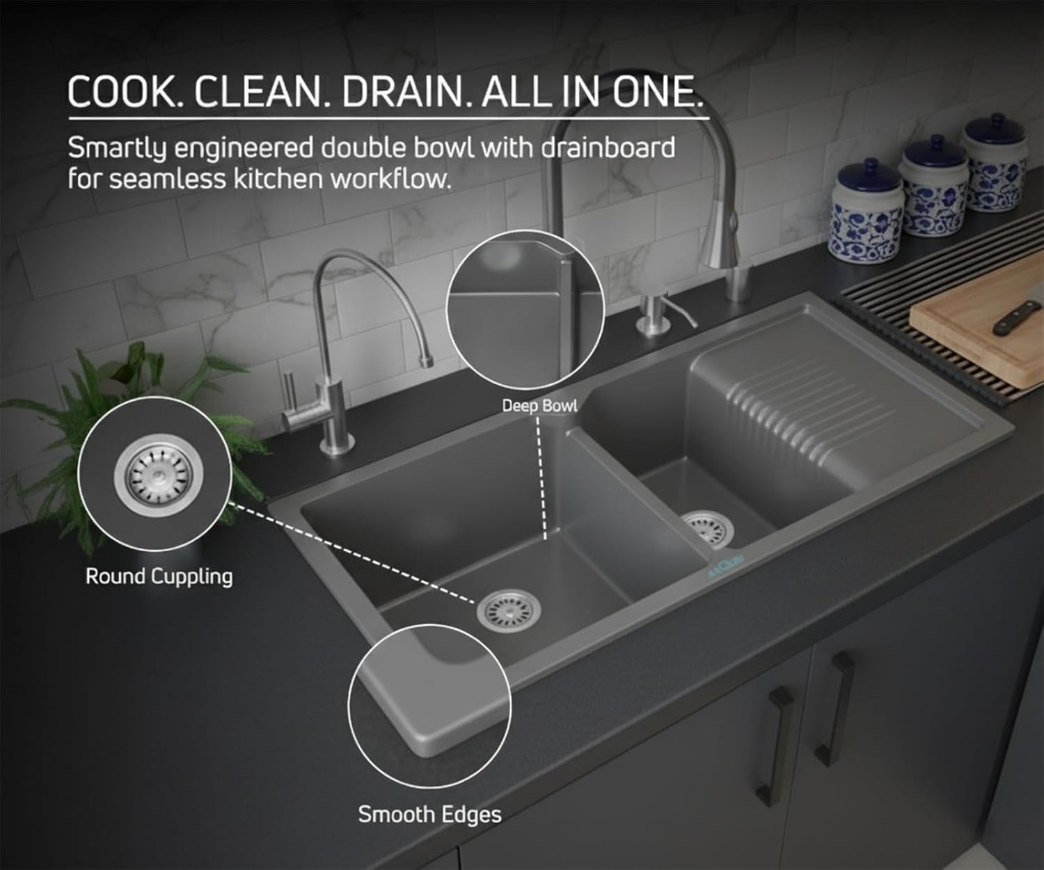 45x20x9 Inch Grey Quartz Double Bowl with Drain Board Kitchen Sink