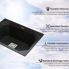 Quartz Single Bowl Diamond Kitchen Sink (24 x 18 x 9 Inches) Black