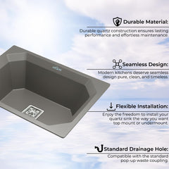 Quartz Single Bowl Diamond Kitchen Sink (24 x 18 x 9 Inches) Grey