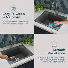 Quartz Single Bowl Diamond Kitchen Sink (24 x 18 x 9 Inches) Grey