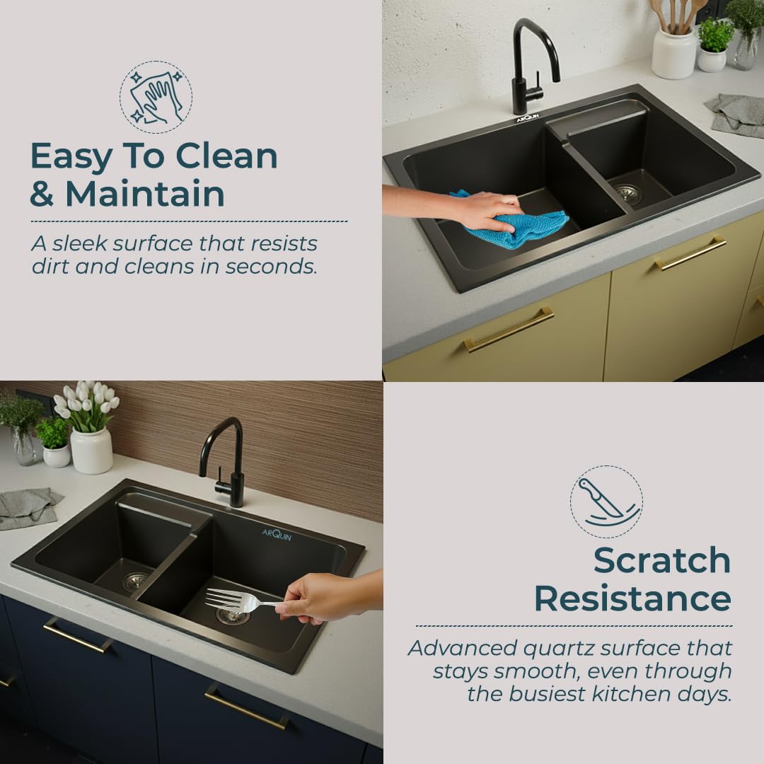31X18X9 Inch Black Quartz Double Bowl Kitchen Sink
